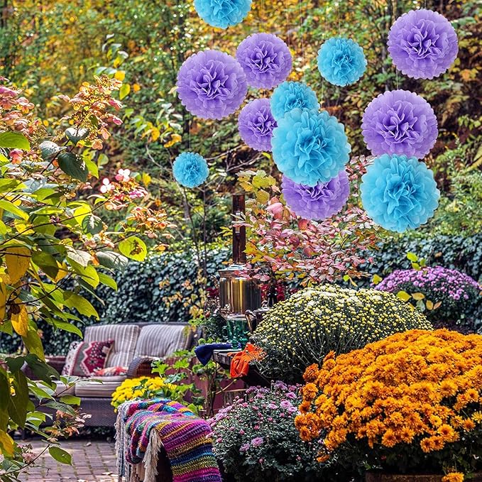 20 PCS Baby Blue Tissue Paper Pom Poms, Tissue Pom Poms Flowers, Sizes of 6", 10", 12", 14" Hanging Paper Flower Ball for Wedding, Birthday, Halloween, Christmas, Baby Shower Party Decor