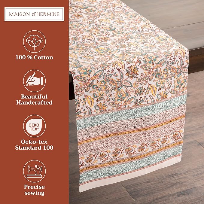 Maison d' Hermine Table Runner 100% Cotton Single Layer Table Runners 108 inches Long for Thanksgiving Christmas Decorations Home Kitchen Dining Party Wedding (Nila, 14.5" x 108")