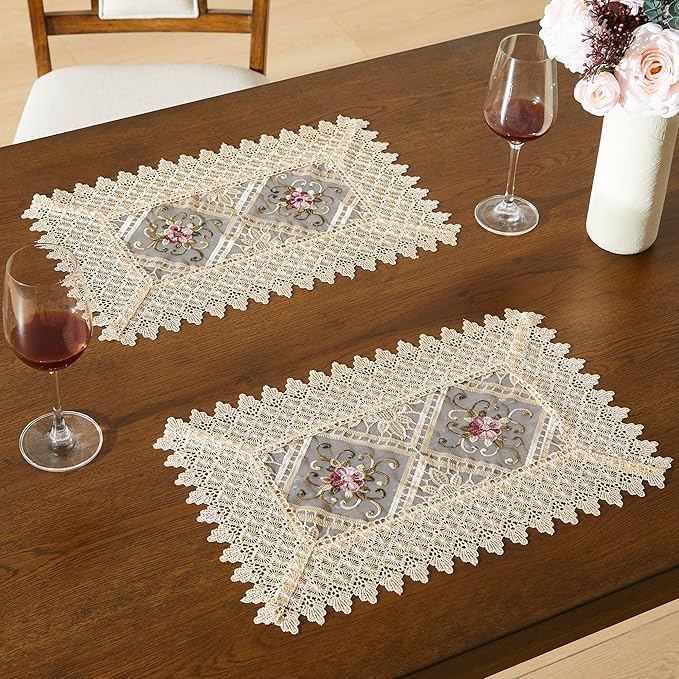 WARM HOME DESIGNS Gold Lace Placemats Set of 2. 18 Inch Crochet Doilies are Embroidered with Intricate Flower Design. Can Be Used As Lace Doilies for Desert Tray or Macrame Place Mat. VTP Linen 18