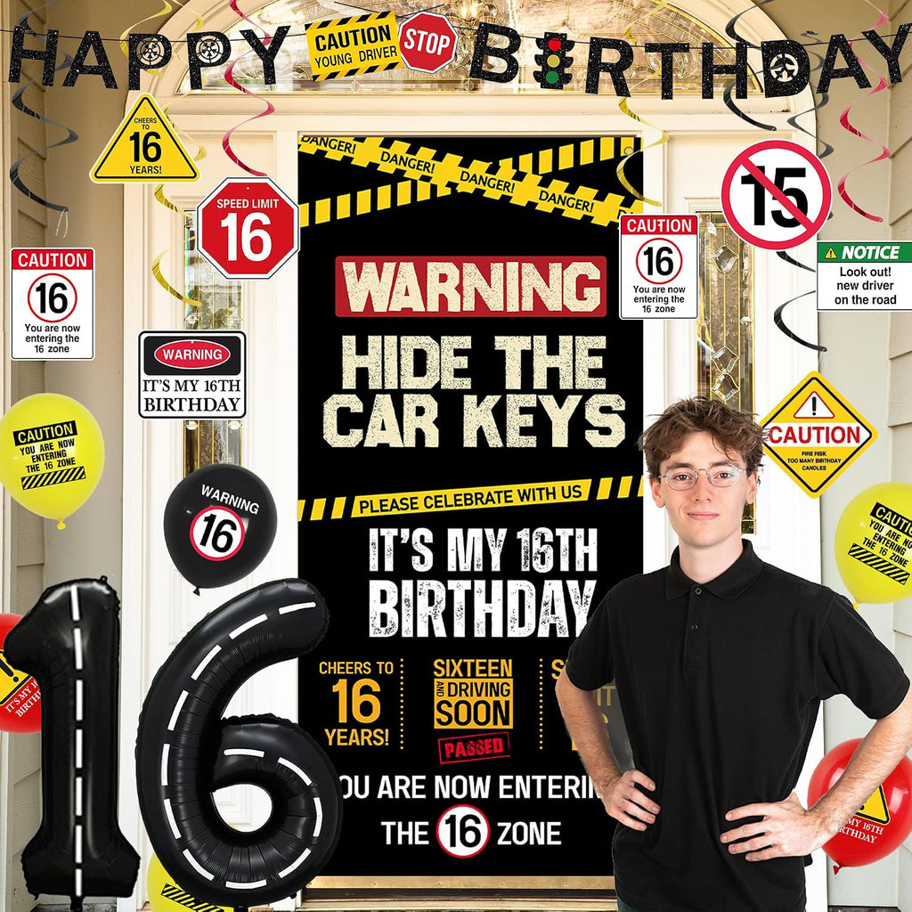 Roetyce 16th Birthday Decorations Boys Girls, Hide The Car Keys Happy 16th Birthday Banner Backdrop Balloons Hanging Swirls, Caution Logo Themed 16 Years Old Party Yard Door Wall Cover Background