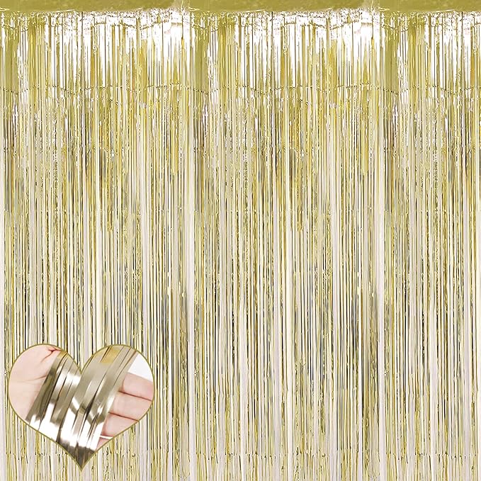 4 Pack Light Gold Fringe Curtain Backdrop, 3.2Ft x 6.6Ft Metallic Tinsel Foil Fringe Streamers Background for Photo Booth Birthday Wedding Baby Shower Carnival Easter Mother’s Day Party Decorations