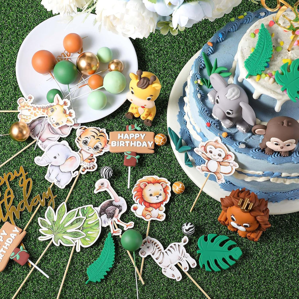 Tallew 42 Pcs Safari Jungle Animal Cake Toppers Wild One Lion Giraffe Elephant Monkey with Leaves Cake Decorations for Wild Zoo Birthday Baby Shower Party Supplies