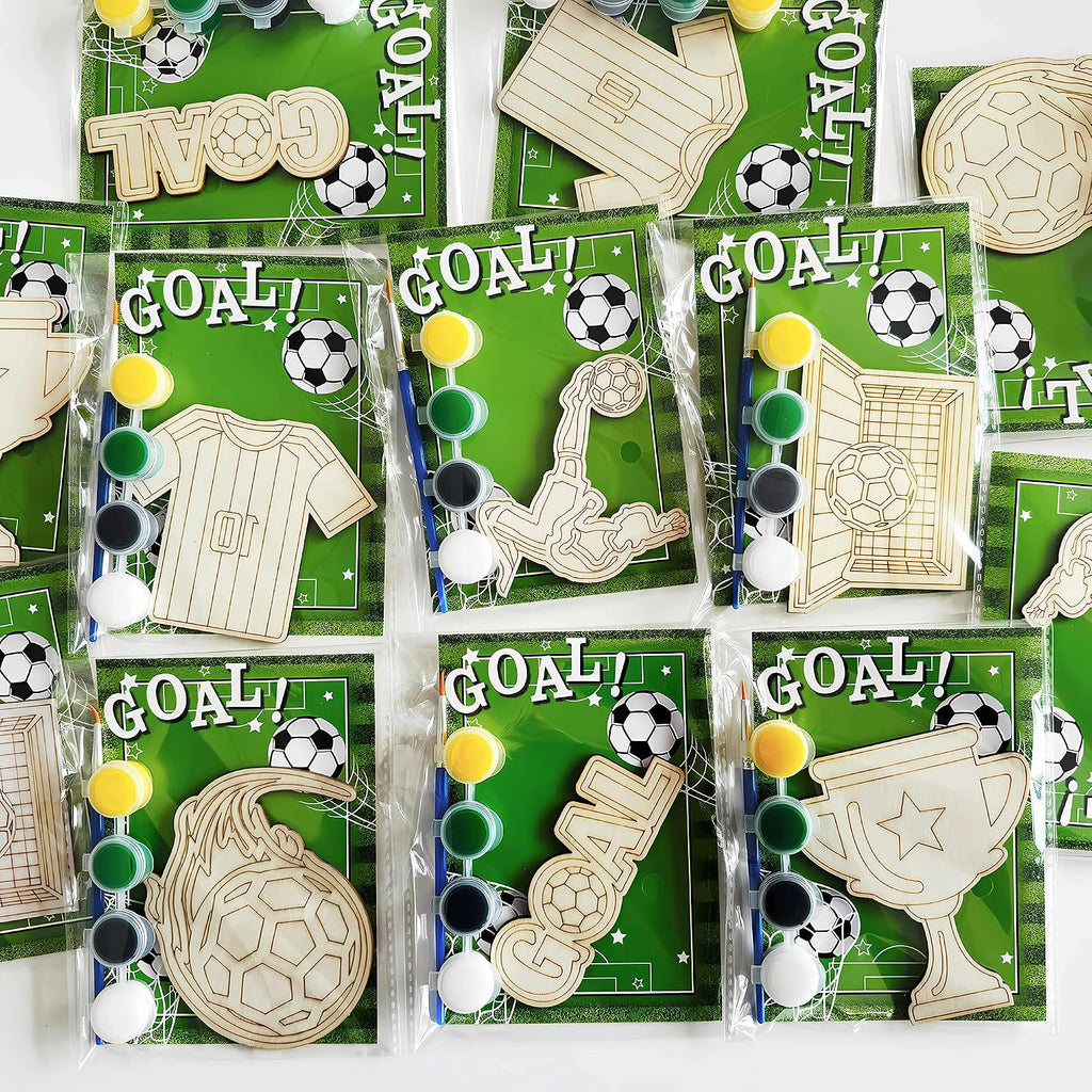 Xvvti 12PCS Soccer Party Favors- DIY Soccer Wood Painting Kits with Art Supplies – Fun Thank You Gifts, Birthday Party& Goodie Bag Stuffers