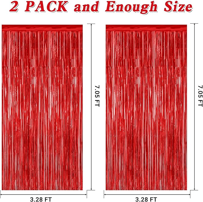 2 Pack Red Tinsel Backdrop, 3.28 FT x 7.05 FT Fringe Curtains, Red Foil Tinsel Party Streamer Backdrop Curtains, Wedding Photo Backdrop Party Decorations for Wedding Anniversaries