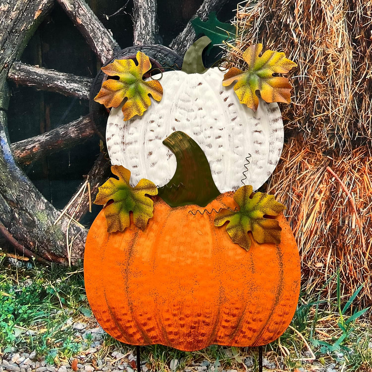 SAGUZOU Metal Stacked Pumpkin Garden Stake, Outdoor Fall Yard Decor with Doub...