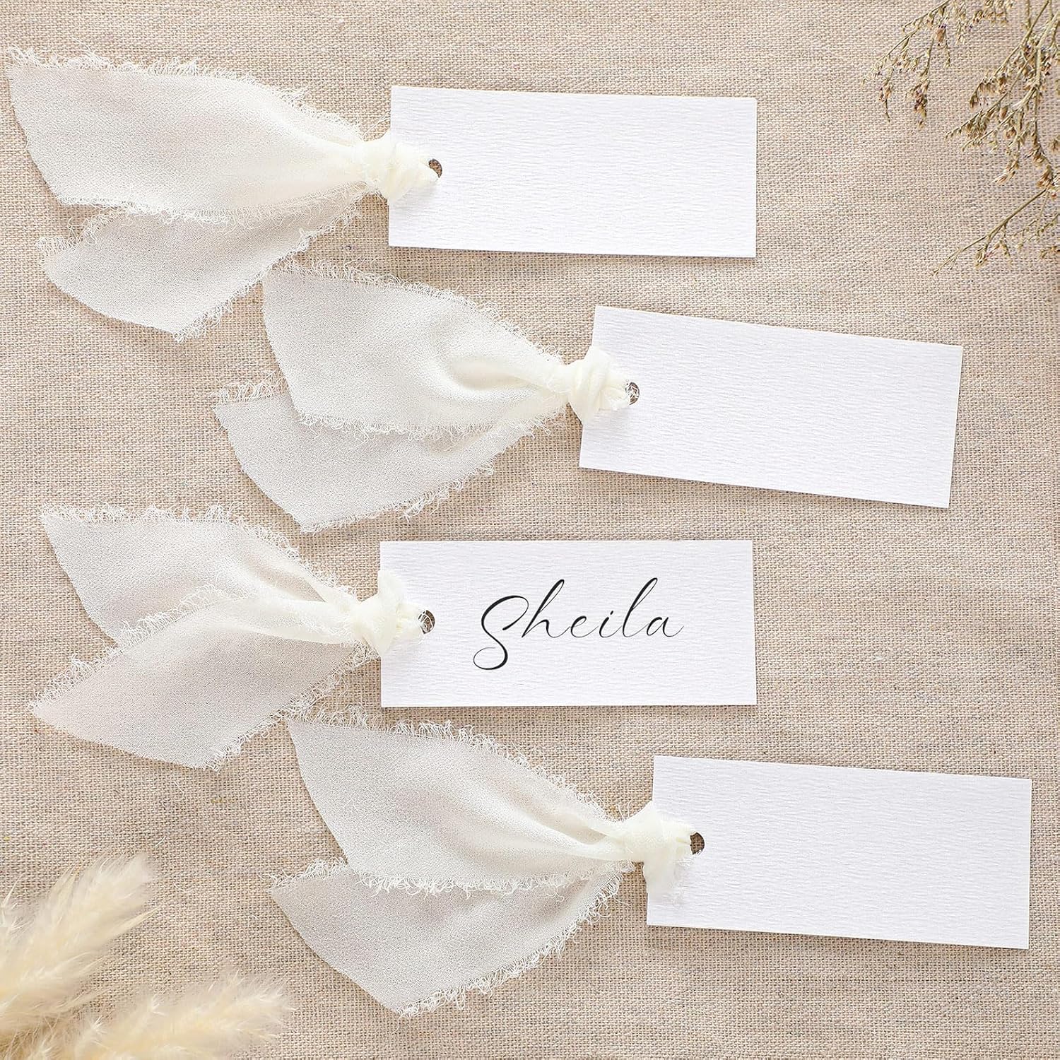 50 Pcs Name Place Cards for Table Setting Blank Wedding Place Cards with Chiffon Ribbon 1.57 x 3.54 Inch Hanging Gift Tags for Wedding Dinner Banquet Party Table Setting Supplies(Ivory)