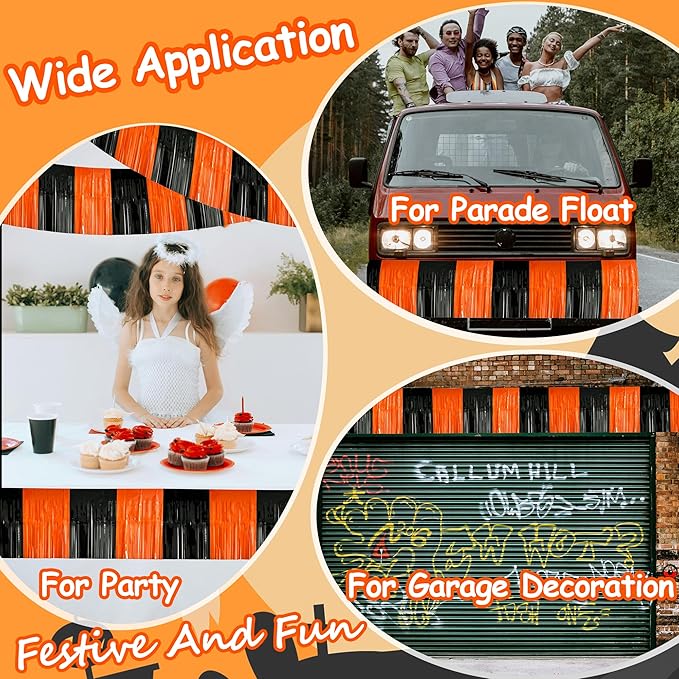 4 Pack 10 Feet Black Orange Halloween Parade Float Decorations for Trailer Car, Foil Fringe Tinsel Streamers Banner Garland for Halloween Graduation Homecoming Party Decoration (Black Orange)