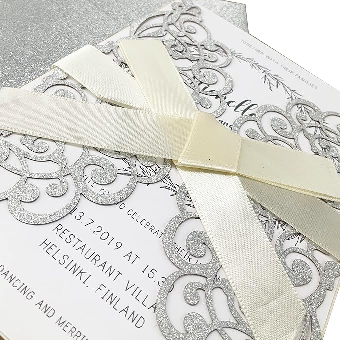 50Pcs Laser Cut Wedding Invitation With Glitter Envelopes And Ribbons Blank Personalized Card Invitaciones Para quinceañera Birthday Baby Shower Christmas Party Bridal Shower (Silver)
