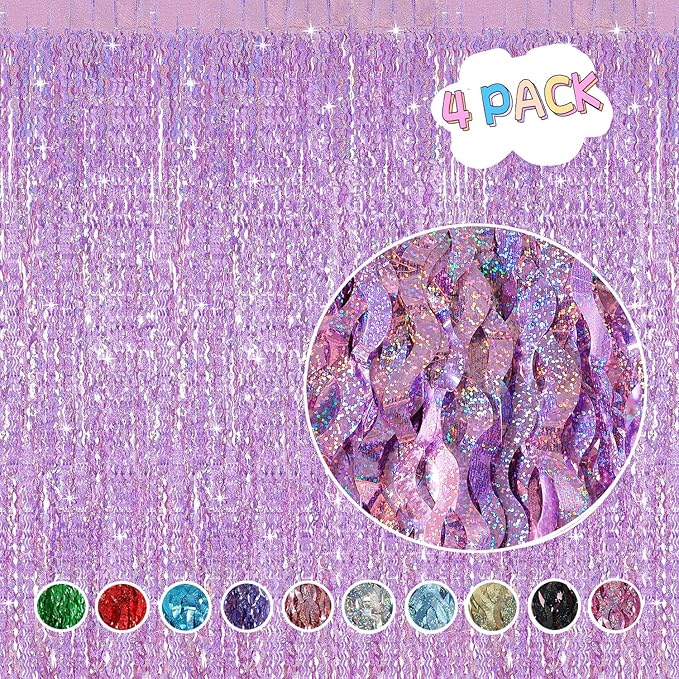 4 Pack Pink Tinsel Curtain Party Backdrop - CYLMFC 3.3 ft x 6.6 ft Sparkle Wavy Foil Fringe Backdrop Curtain for Party Decorations Girls Birthday Bachelorette Party Decor Supplies Photobooth Props