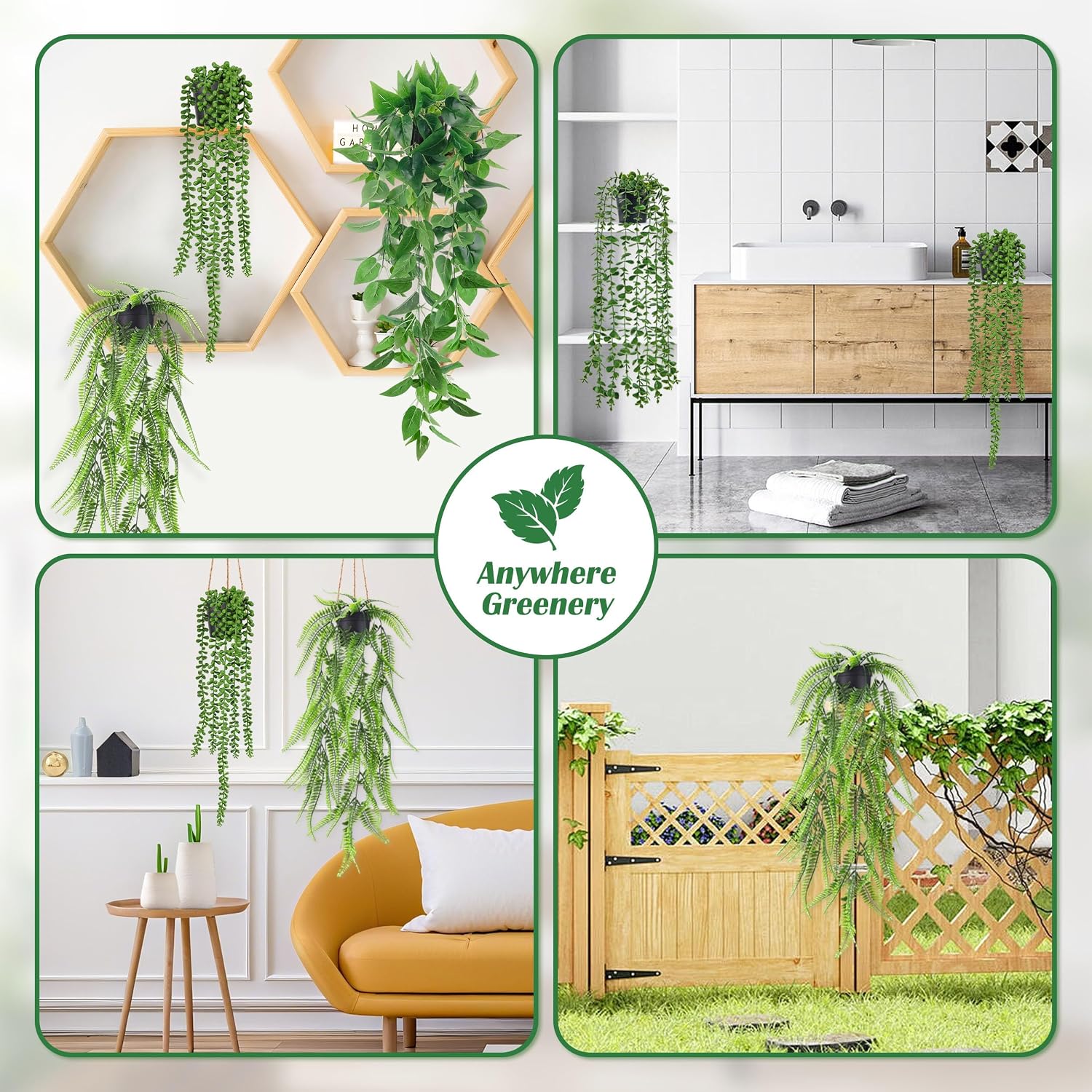 Der Rose 4Pcs Fake Plants Hanging Artificial Ivy Vine Faux Eucalyptus Hanging Plants, Boston Fern, String of Pearls for Living Room Aesthetic Bedroom Boho Kitchen Wall Shelf Indoor Outdoor Decor