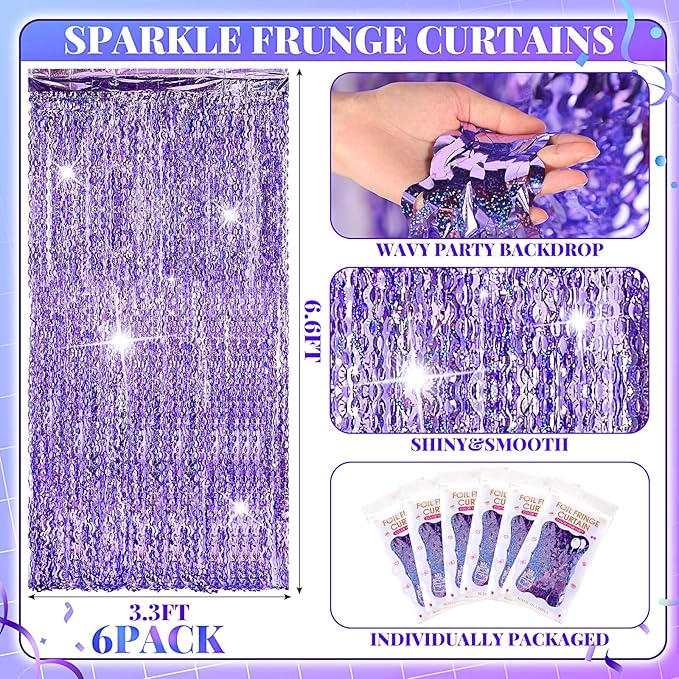 Jutom 6 Pieces 3.3 x 6.6 ft Wavy Tinsel Foil Fringe Curtains Foil Fringe Streamer Backdrop Party Curtain for Sea Mermaid Baby Shower Birthday Party Decoration(Purple)