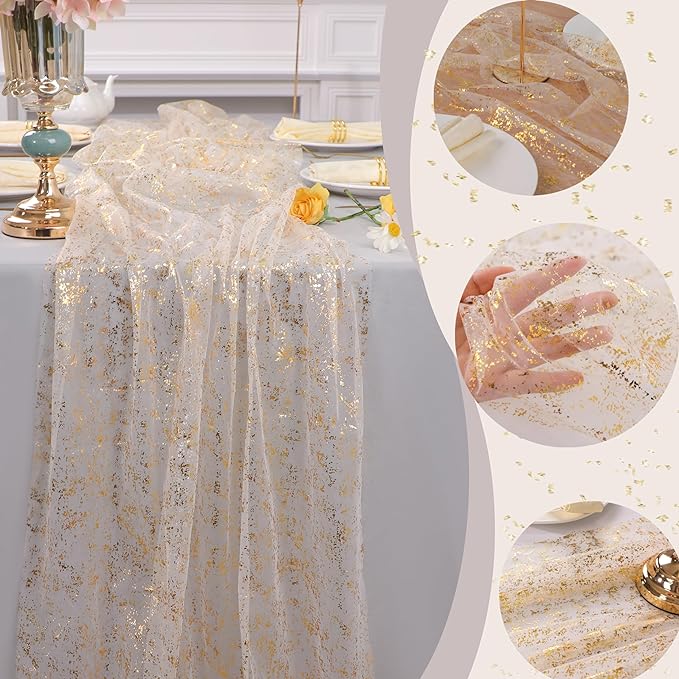 Snowkingdom 3Pcs 10 Ft Gold Table Runners, Sheer Chiffon Tulle Cheesecloth Wedding Runner, Golden Sequin Glitter Metallic Foil Party Table Decorations Centerpieces for Wedding Birthday Christmas