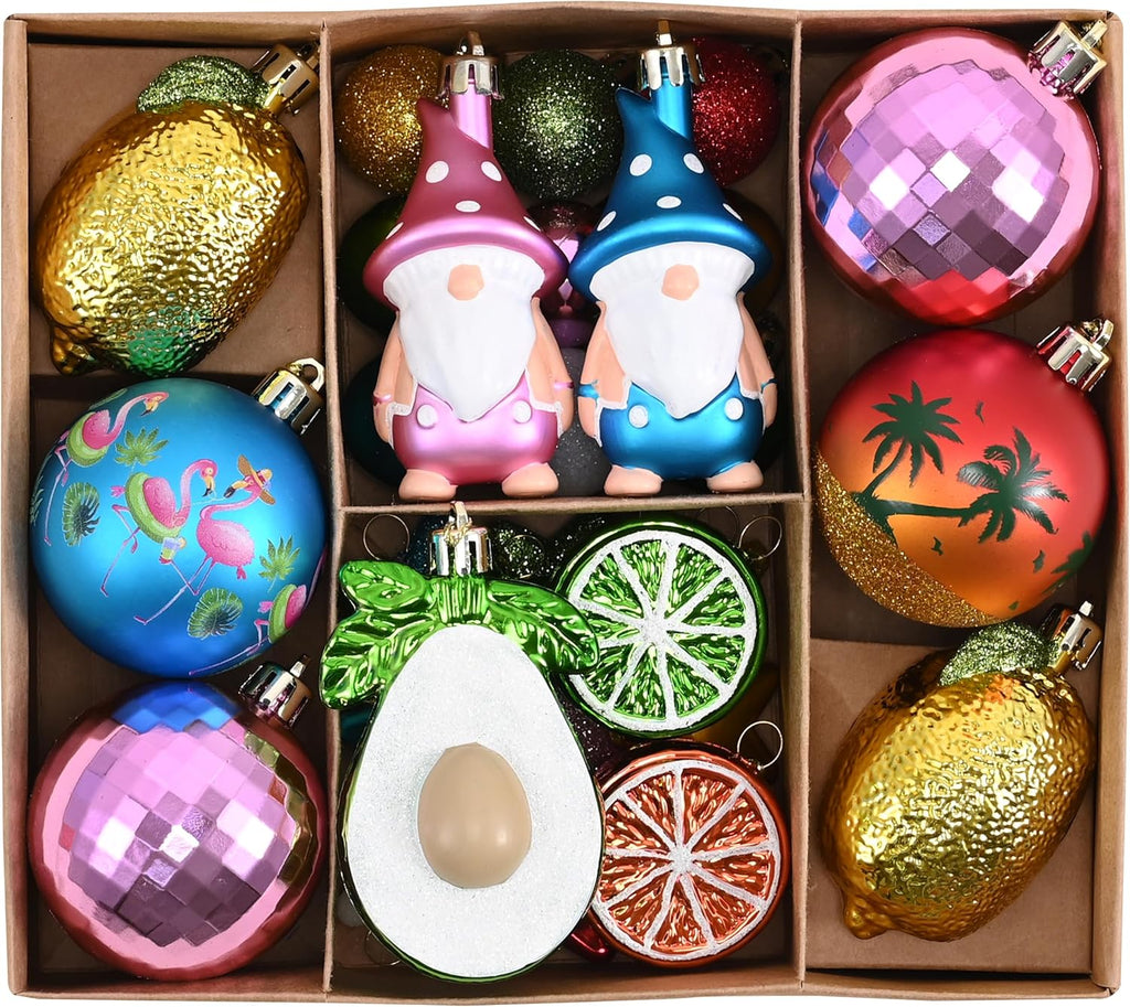 Valery Madelyn 30ct Summer Tree Ornaments Christmas in July Decorations | Coastal Beach Ocean Theme Set with Flamingo Gnome Avocado Lemon & Palm Tree Shatterproof Balls for Hawaiian Tropical Party