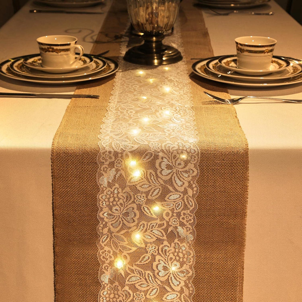 xinnun 12 pcs burlap table runners with lights showing dimensions