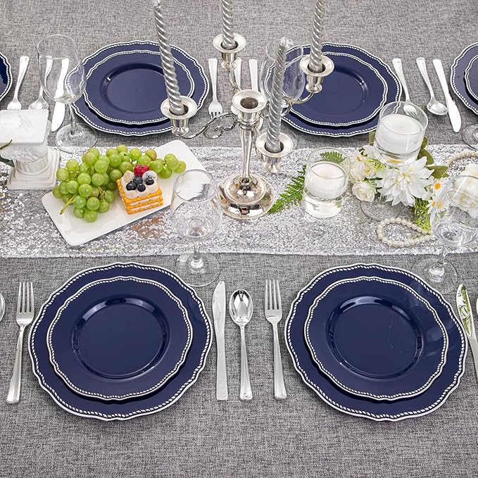 Hioasis 60pcs Blue Plastic Plates - Blue and Silver Disposable Dinnerware with Gold Rim, Heavy-duty, 7.5 inch, Dessert Plates for Party & Wedding