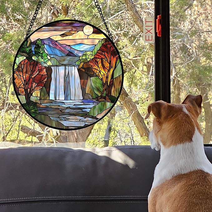 Stained Glass Window Hanging, Abstract Landscape Waterfall Mountains Trees Suncatcher for Doors Window Home Sun Catchers Decor Mother's Day Birthday Gifts for Women Men Mom 11.8 in