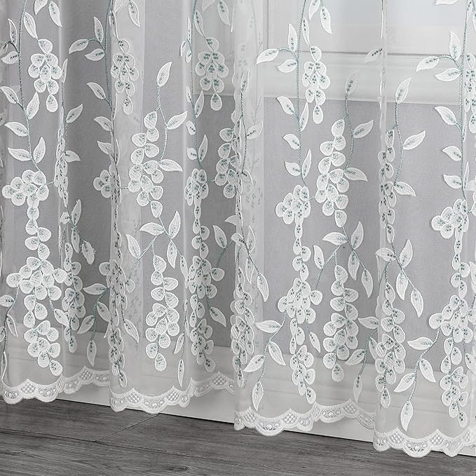 VISIONTEX White Sheer Voile Curtains, Decorative White Embossed Leaves Rod Pocket Window Drapes for Home Kitchen, Living Room and Bedroom 54 x 95 Inch, Set of 2 Curtain Panels