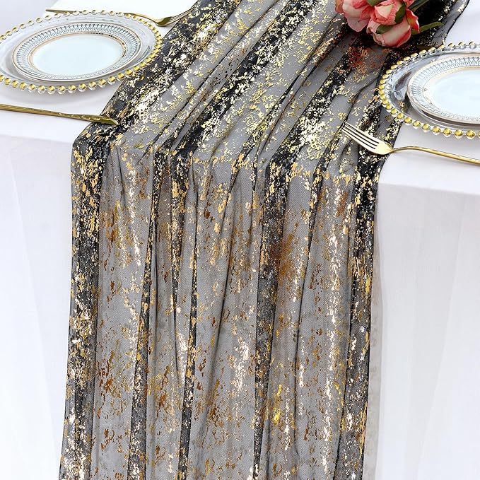 LOMOHOO 10 Ft Black Table Runner, Black Sheer Sequin Table Runners 120 Inches Long Glitter Metallic Foil Lace Fabric Table Decor for Birthday Party Wedding Anniversary Centerpiece (1pcs)
