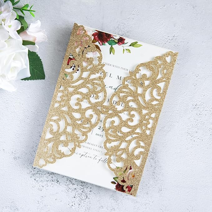 20Pcs Gold Glitter Laser Cut Invitation Cards With Blank Inner Sheets for Wedding Cards Bridal Shower Engagement Quinceanera Invitation (No Envelopes)