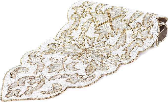 Beaded Table Runner 13 x 36 Inches - Elegant Dining Table Centerpiece with Glass Beads & Polyester Back, Handmade Decorative Runner for Weddings, Parties & Holiday Décor (White & Gold) - CLEENTABLE
