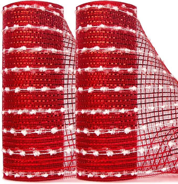 Ribbli Christmas Tree Ribbon Garland-2 Rolls Snowball Red Mesh,10 Inch x 30 feet(10Yard) Each Roll,Red with Cotton Snowball, Christmas Ribbon for Wreath Swags and Tree