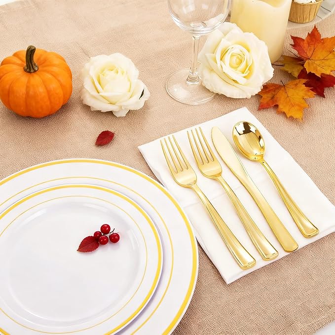 WDF 120 Pieces Gold Plastic Silverware - Disposable Flatware Set - Heavy Duty Thanksgiving Plastic Cutlery - Silverware Includes 40 Forks, 40 Spoons, 40 Knives
