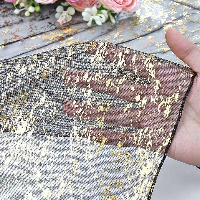 LOMOHOO 10 Ft Black Table Runner, Black Sheer Sequin Table Runners 120 Inches Long Glitter Metallic Foil Lace Fabric Table Decor for Birthday Party Wedding Anniversary Centerpiece (1pcs)