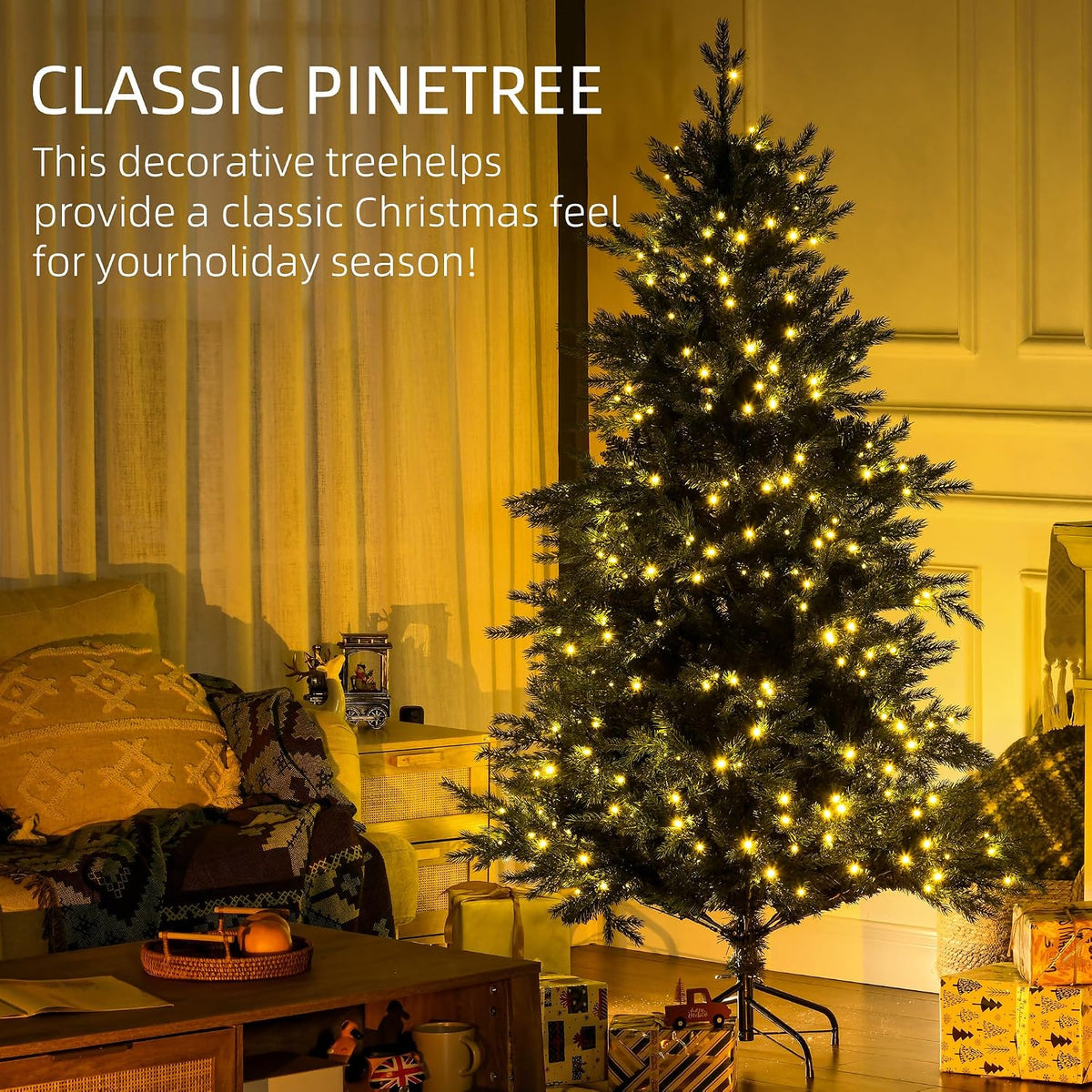 homcom 6ft tall prelit artificial christmas tree with, close-up detail