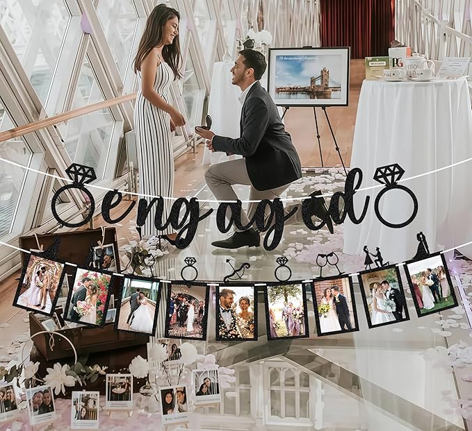 Pre-Strung Engaged Photo Banner - Black Glitter Engagement Party Decoration Supplies with Romantic Memories Picture Card Frames for Bachelorette, Bridal Shower, Wedding Party Photo Booth Props
