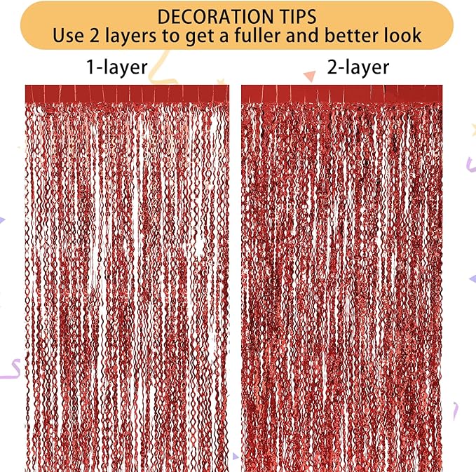 3 Pack Red Aluminium Foil Curtains, 3.3ft x 6.6ft, Wavy Shape, for Party Decorations & Photo Background
