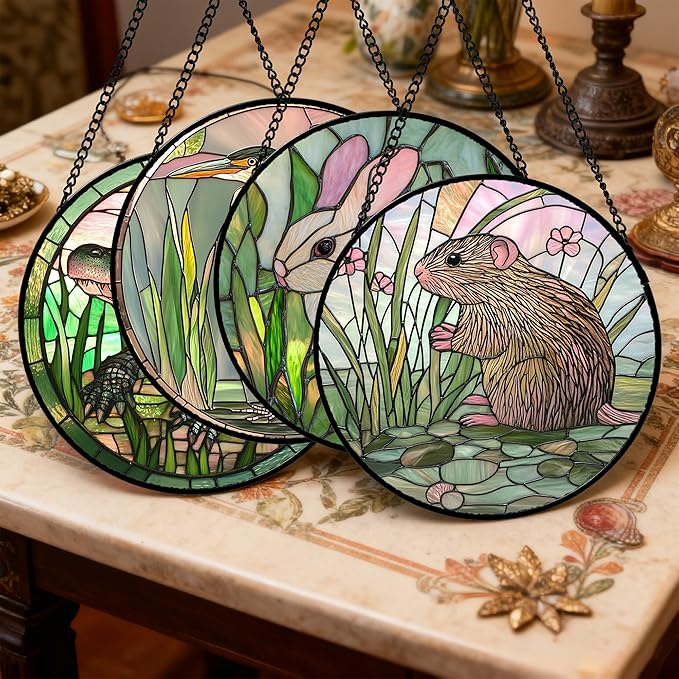 Stained Glass Window Hanging 4 Pcs Set Cute Animal Large 11.8"- Green Plant Pink Suncatcher Door Garden Sun Catcher Decor Birthday Christmas for Mom Woman Nana Men Friend