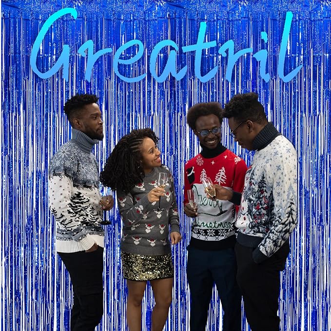 Dark Blue Tinsel Backdrop Streamers - GREATRIL Party Streamers Backdrop Foil Fringe Curtains for Birthdays/Bachelorette/Bridal Shower/Engagement Decorations - 1m x 2.5m - Pack of 2