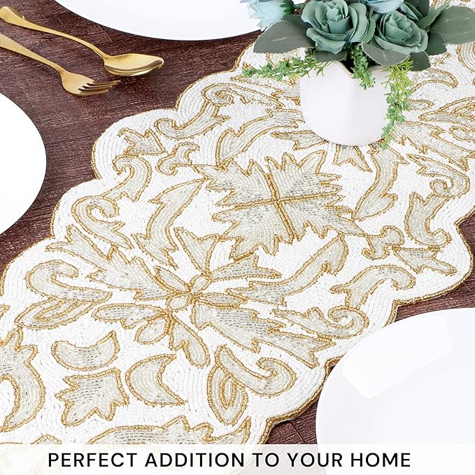 Beaded Table Runner 13 x 36 Inches - Elegant Dining Table Centerpiece with Glass Beads & Polyester Back, Handmade Decorative Runner for Weddings, Parties & Holiday Décor (White & Gold) - CLEENTABLE
