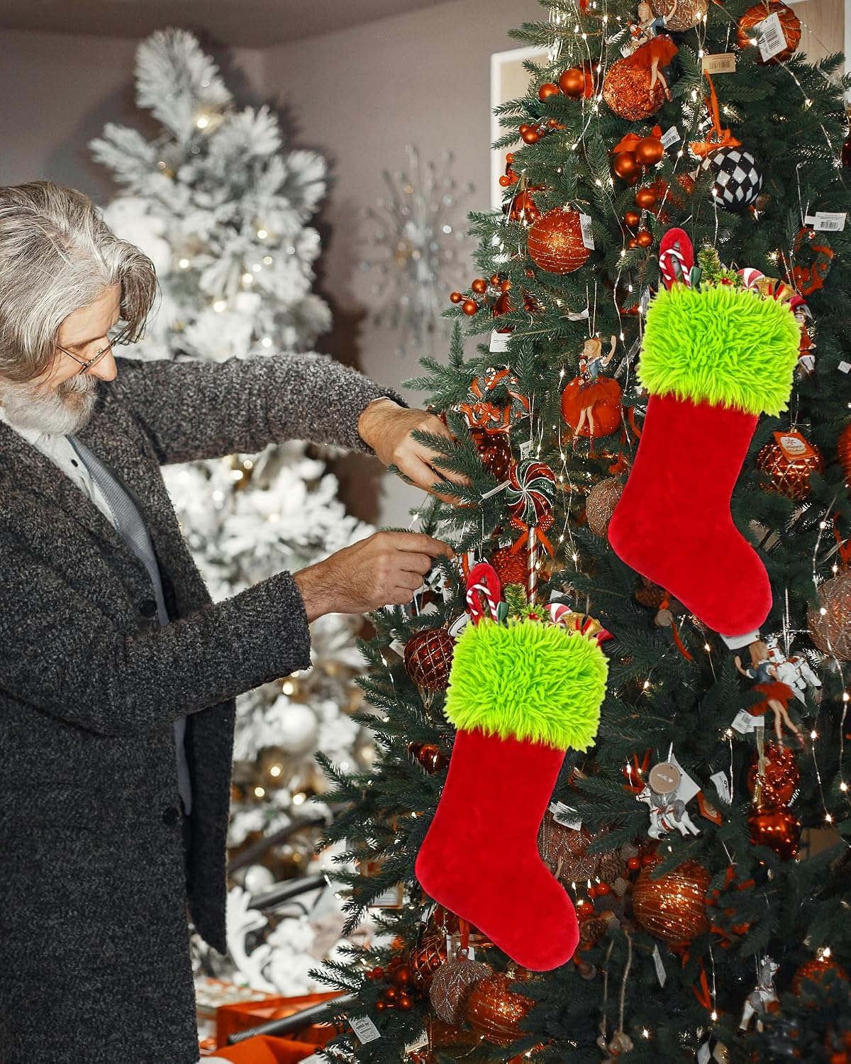 2PCS Christmas Stockings with Names Tag, 20 Inch Green Faux Fur Velvet Personalized Xmas Stockings, Hanging Ornament Large Gift Bags for Fireplace Window Door Tree Christmas Decorations(Red)