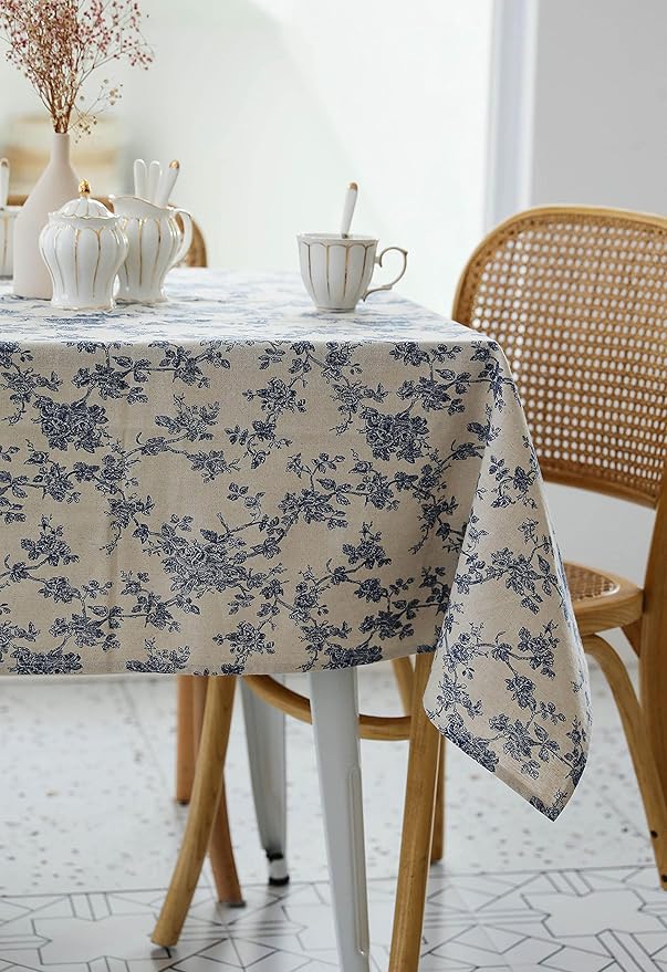 Pastoral Rectangle Tablecloth - 60 x 140 Inch - Beige Linen Table Cloth - Washable Table Cover with Dust-Proof Wrinkle Resistant for Restaurant, Picnic, Indoor and Outdoor Dining, Floral (Dark Blue)