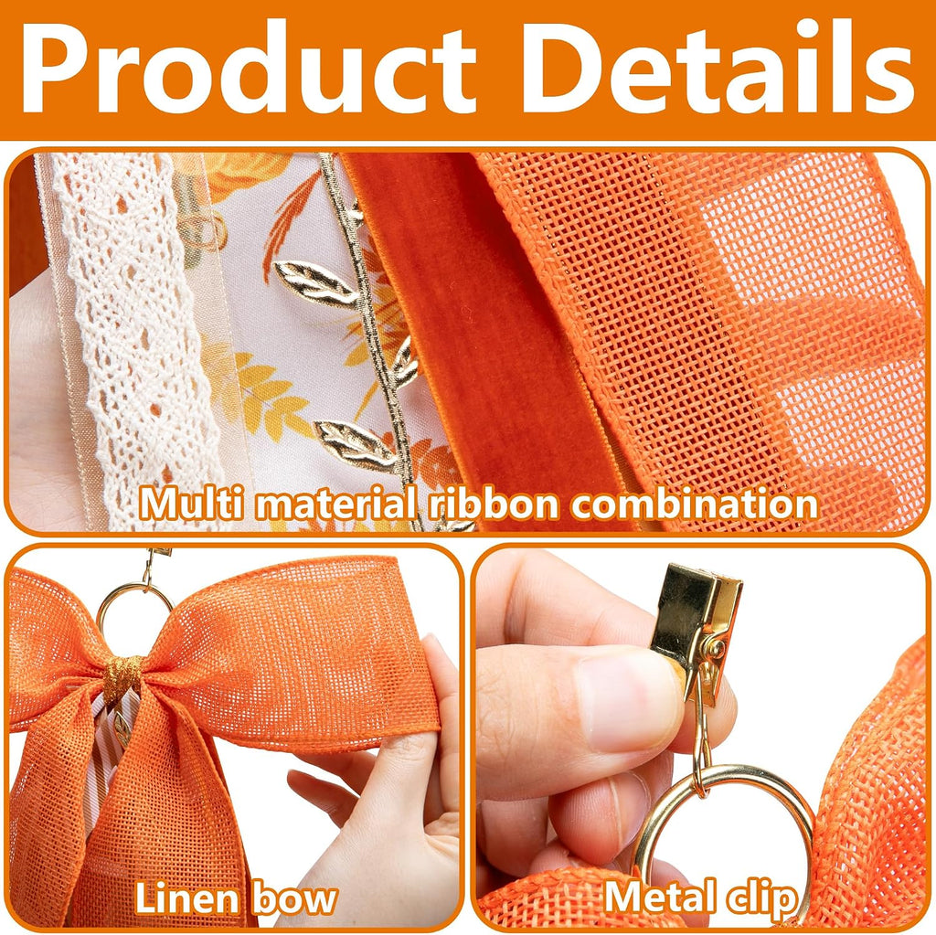RunNico Thanksgiving Assorted Ribbon Bow for Wreath, Large Fall Clip-On Wreaths Ribbon Bundle, Orange Decorative Wreath Sash Bundle for Thanksgiving Day Party Autumn Front Door Yard Porch Decor