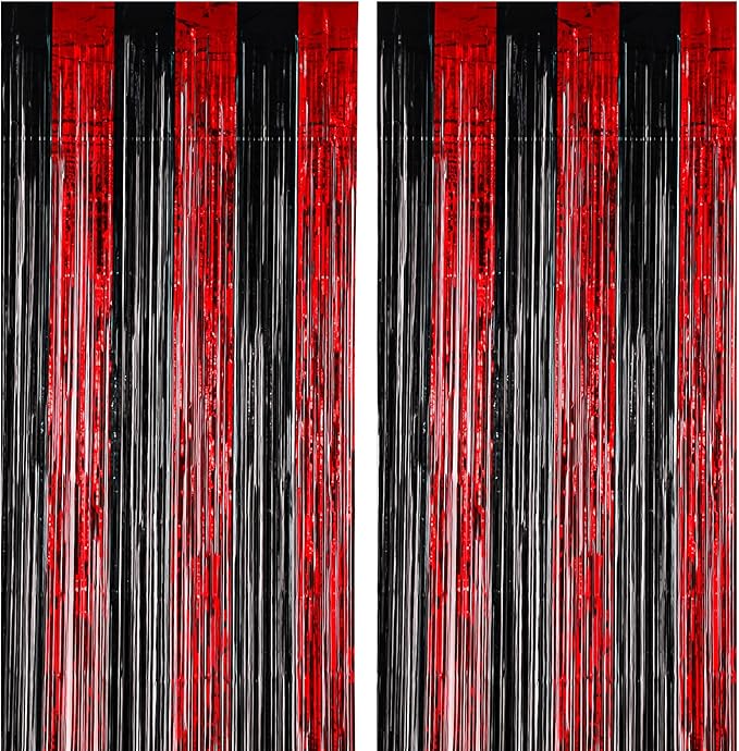 2 Pack 3.3x8.2 Feet Red and Black Foil Fringe Backdrop Curtains, Tinsel Streamers Birthday Party Decorations, Fringe Backdrop for Graduation, Movie Night, Horror Party