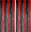 2 Pack 3.3x8.2 Feet Red and Black Foil Fringe Backdrop Curtains, Tinsel Streamers Birthday Party Decorations, Fringe Backdrop for Graduation, Movie Night, Horror Party