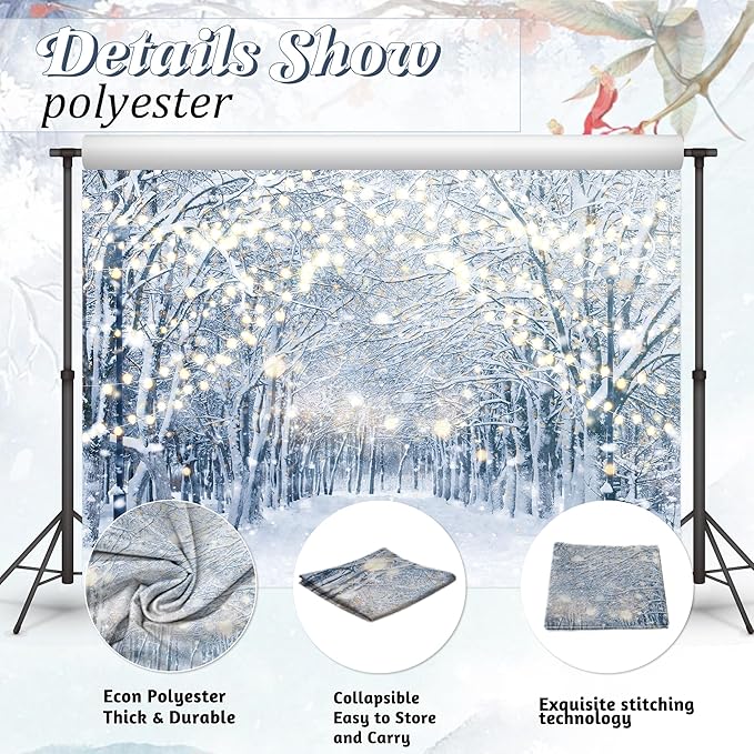 8x6FT Winter Snowy Scene Photography Backdrop Winter Wonderland Landscape Snowflake Tree Snowy Background Bokeh Glitter White Snow Forest Party Photo Booth Studio Props