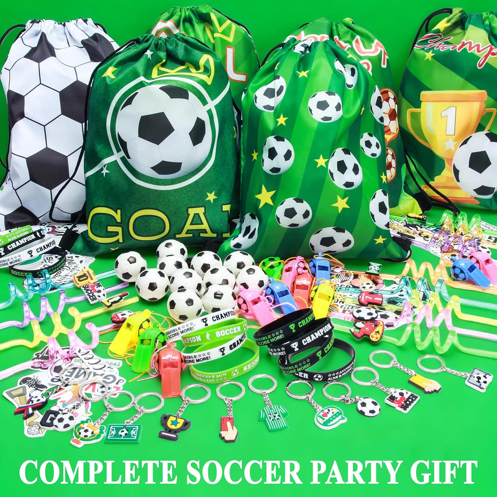 J6&H6 2026 Soccer Party Favors Soccer Goodie Bags Including 12 Soccer Drawstring Bags Stress-relieving Soccer Straws Keychains silicone Wristband and stickers for Soccer Party Gift. (soccer)