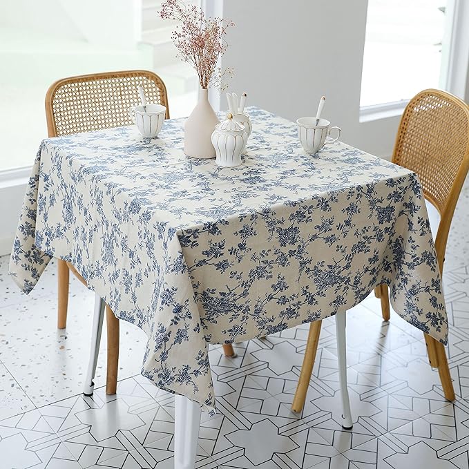 Pastoral Square Tablecloth - 52 x 52 Inch - Beige Linen Table Cloth - Washable Table Cover with Dust-Proof Wrinkle Resistant for Restaurant, Picnic, Indoor and Outdoor Dining, Floral (Dark Blue)