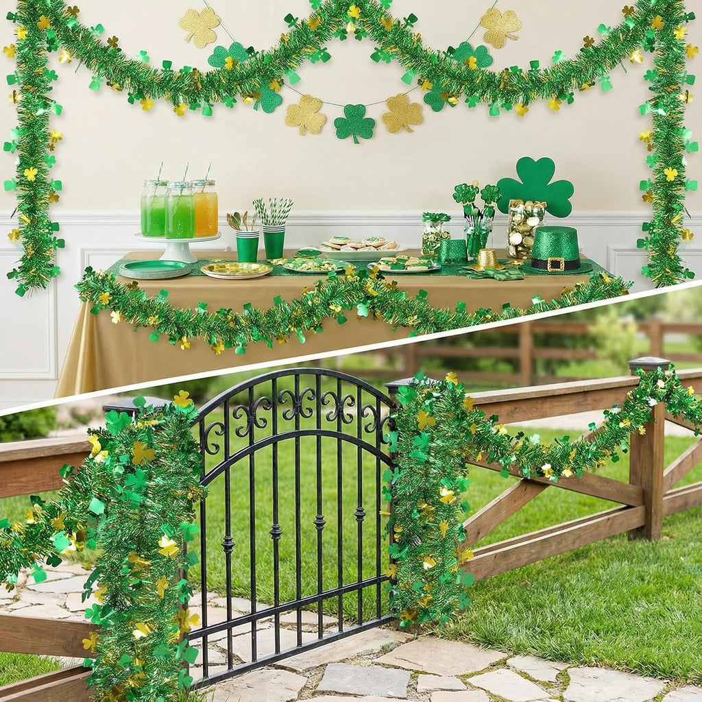 【20/40/60/80 FT】 St Patricks Day Garland Decor Gold Green Shamrock Hat Tinsel Garland, Shiny Metallic Streamer Twist Garland Hanging St Patricks Day Decorations for Home Indoor Outdoor Party Supplies
