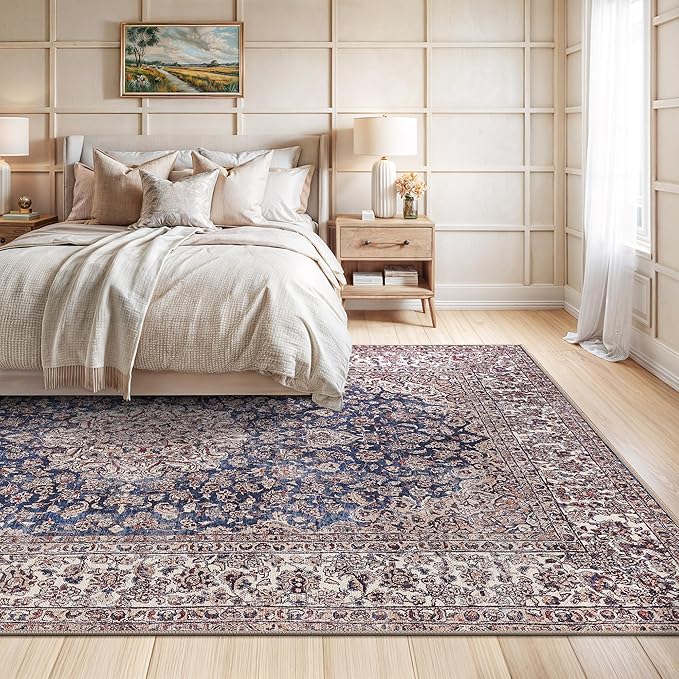 Bloom Rugs Washable Non-Slip 9' x 12' Rug - Dark Blue/Beige Traditional Medallion Area Rug for Living Room, Bedroom, Dining Room, and Kitchen - Exact Size: 9' x 12'
