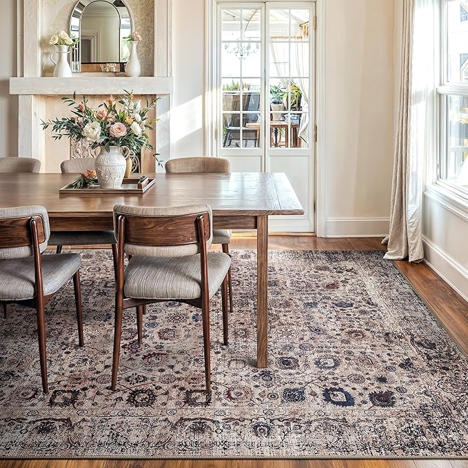 Bloom Rugs Washable Non-Slip 9' x 12' Rug - Light Tan/Blue Traditional Oriental Area Rug for Living Room, Bedroom, Dining Room, and Kitchen - Exact Size: 9' x 12'
