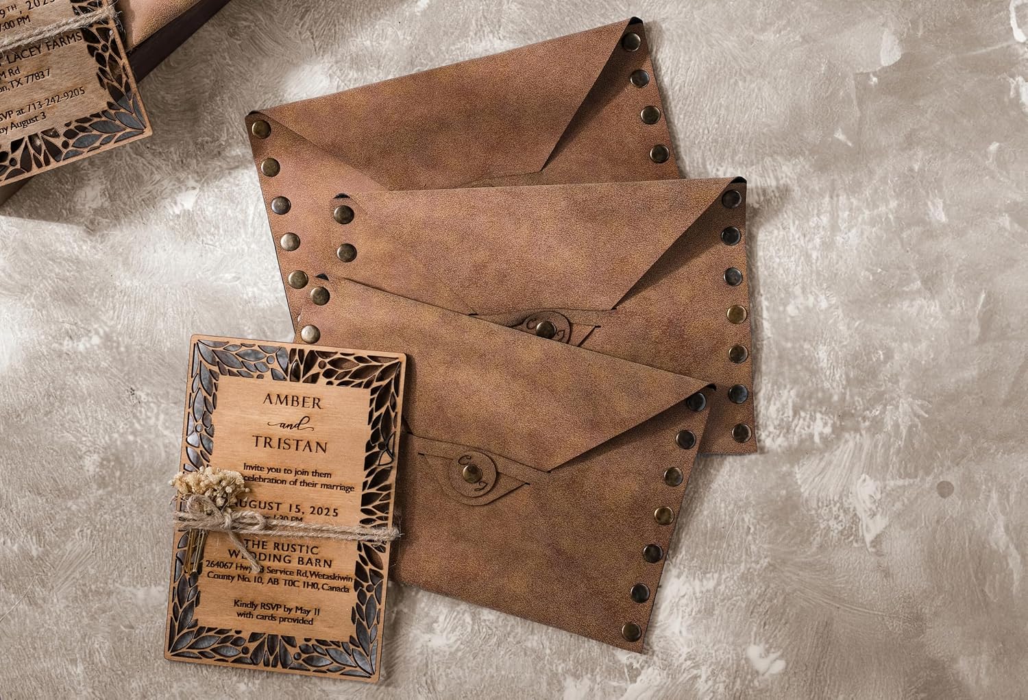 Pack of Floral Personalized Wedding Invitations - Laser Cut Wedding Invitation - Flower Twined Wooden Invitations with Envelopes & Stickers