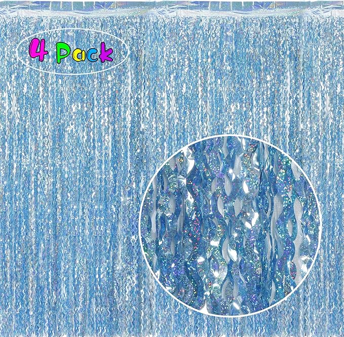 4 Pack Wavy Blue Tinsel Backdrop Streamers Party Decorations 3.3x6.6 Feet | Foil Fringe Curtain Ocean Themed | Blue Birthday Decorations