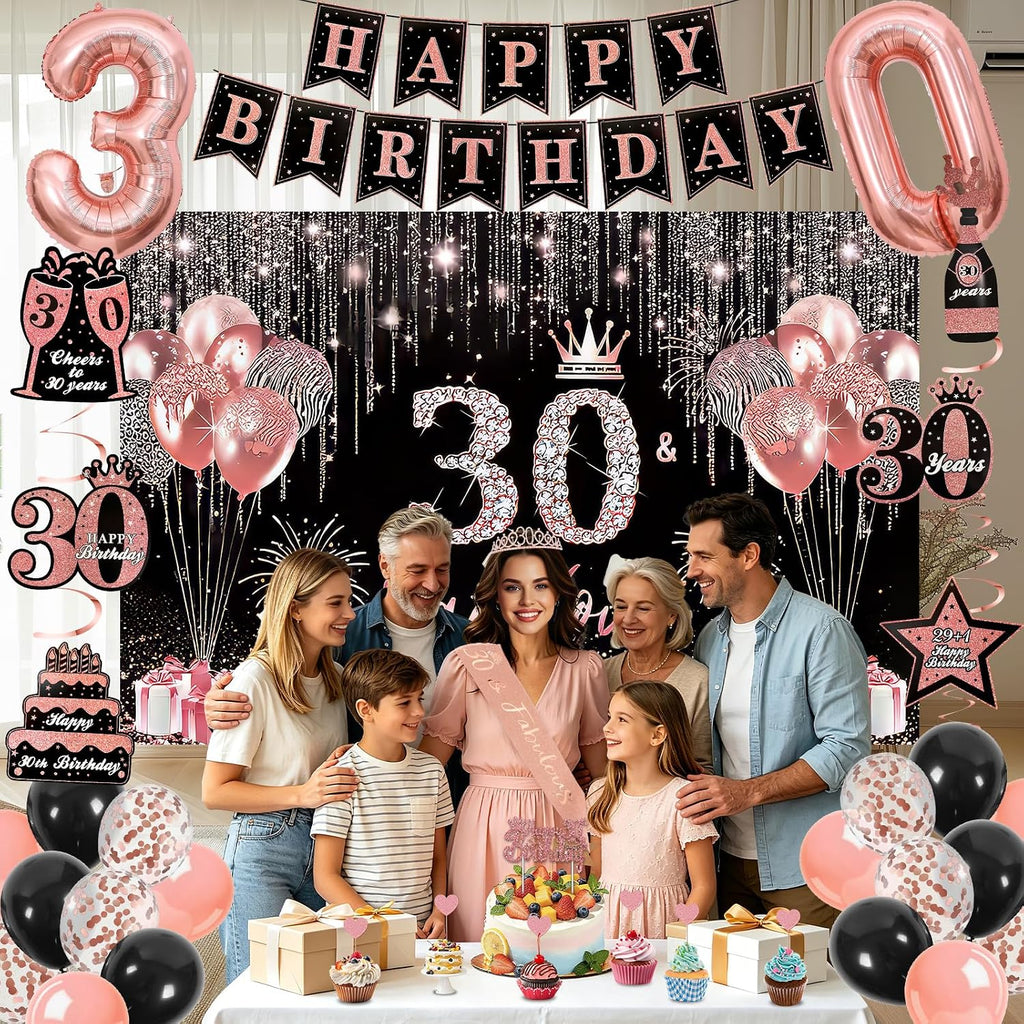 30th Birthday Decorations for Women, 50pcs Rose Gold Black 30th Birthday Decorations for Her with Banner Crown Sash Backdrop Cake Topper Balloons Hanging Swirl for 30 Years Old Birthday Party Supplies