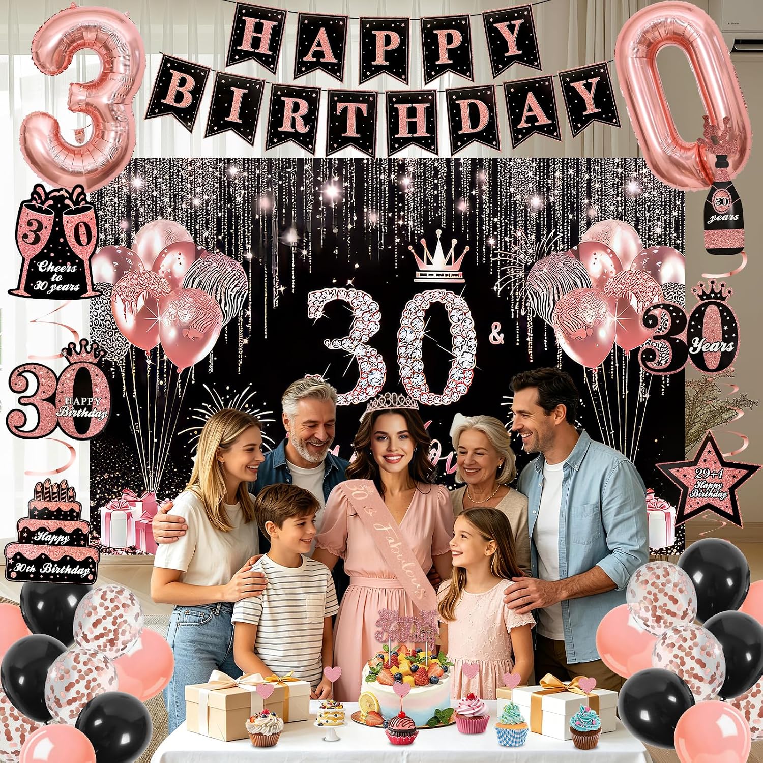 30th Birthday Decorations for Women, 50pcs Rose Gold Black 30th Birthday Decorations for Her with Banner Crown Sash Backdrop Cake Topper Balloons Hanging Swirl for 30 Years Old Birthday Party Supplies