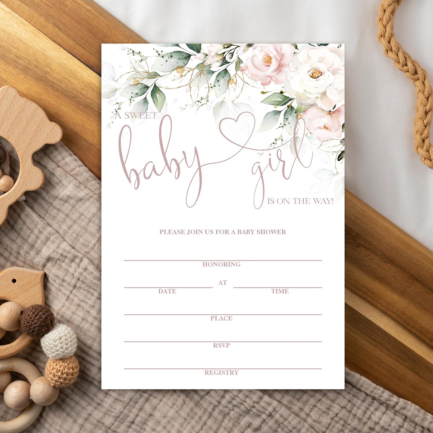 Set of 25 Baby Shower Invitations with Envelopes, Diaper Raffle Tickets and Baby Shower Book Request Cards, Floral flower