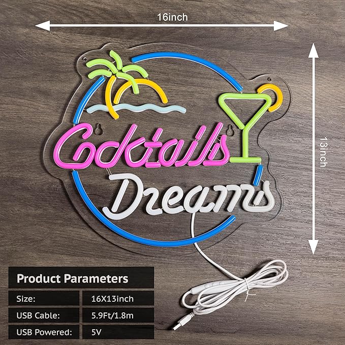 Cocktails and Dreams Palm Neon Sign for Wall Decor Neon Signs with Dimmable Switch LED Neon Signs Bedroom Room Home Beer Bar Art Neon Light Sign